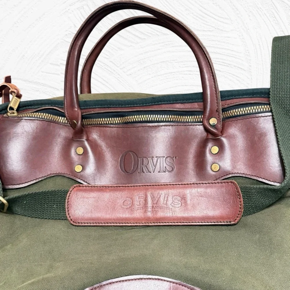 Vintage Orvis Battenkill Green Canvas Leather Briefcase Laptop Messenger Bag USA